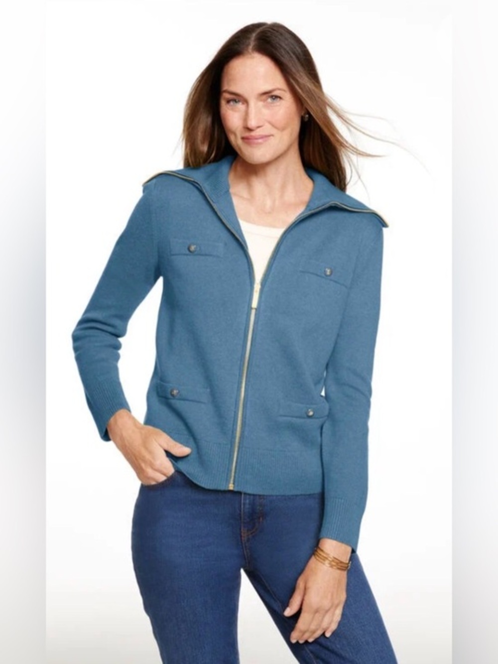 Talbots Blue Zip-Front Women's Knit Jacket Petite Size